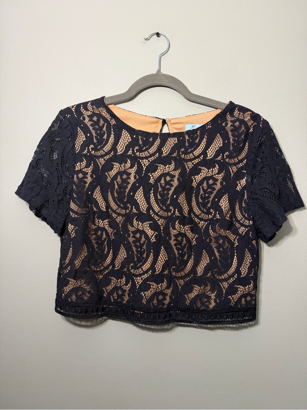 She + Sky Navy Lace Crop Top with Nude Lining (Short Sleeve)